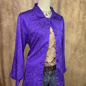 Satin Paisley Button Up Shirt Purple Brocade Blouse Vintage 80s Romantic Moods